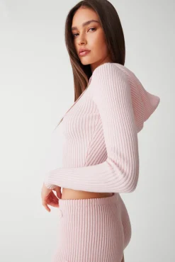 Tops^Frankies Bikinis Aimee Ribbed Cloud Knit Hoodie Rose Quartz
