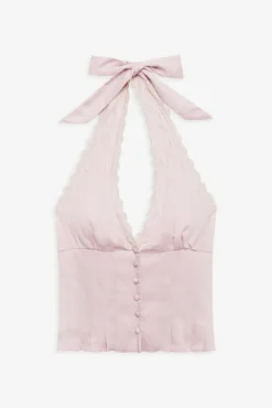 Tops|Matching Sets^Frankies Bikinis Angeline Satin Halter Top Pink Porcelain