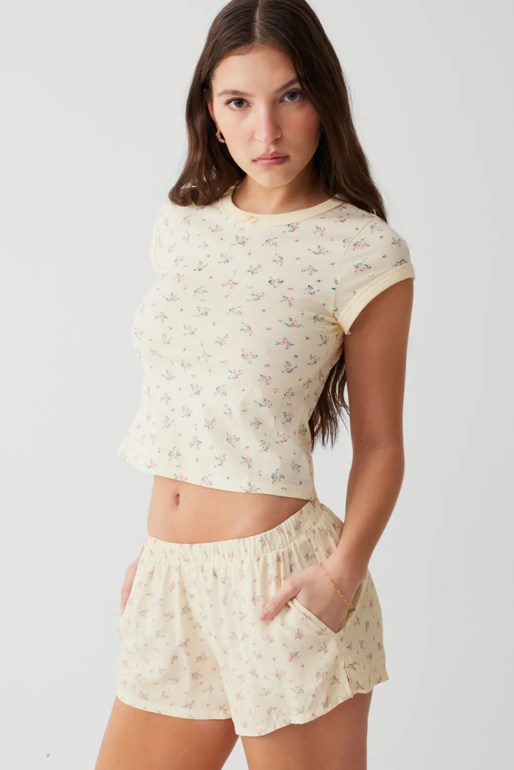 Bottoms^Frankies Bikinis Farmhouse Floral Mini Short Buttercup Bouquet