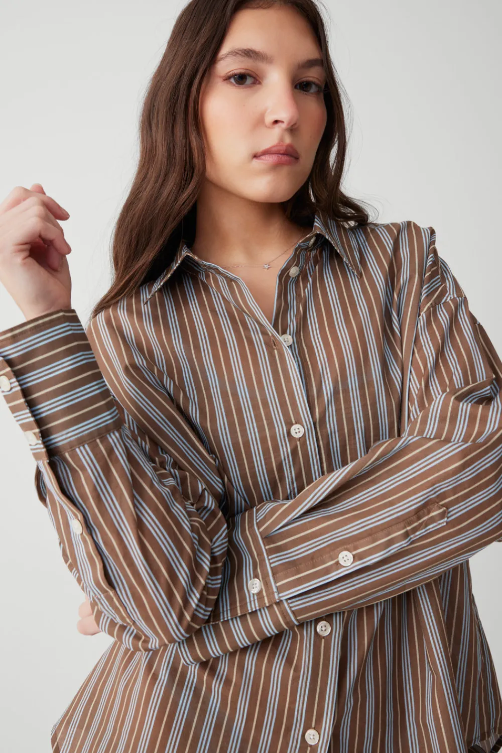 Tops^Frankies Bikinis Griffin Striped Button Up Shirt Ocean Stone