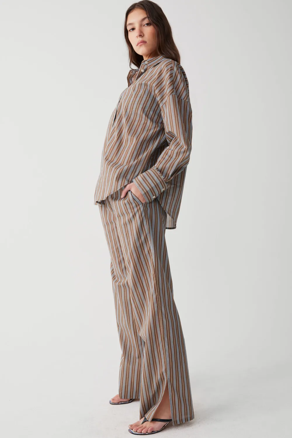 Tops^Frankies Bikinis Griffin Striped Button Up Shirt Ocean Stone