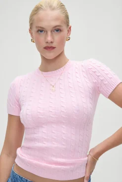 Tops|Cloud Knits^Frankies Bikinis Mulholland Cable Knit Sweater Cozy Pink