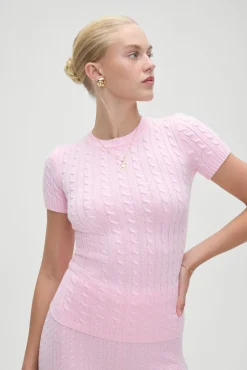 Tops|Cloud Knits^Frankies Bikinis Mulholland Cable Knit Sweater Cozy Pink