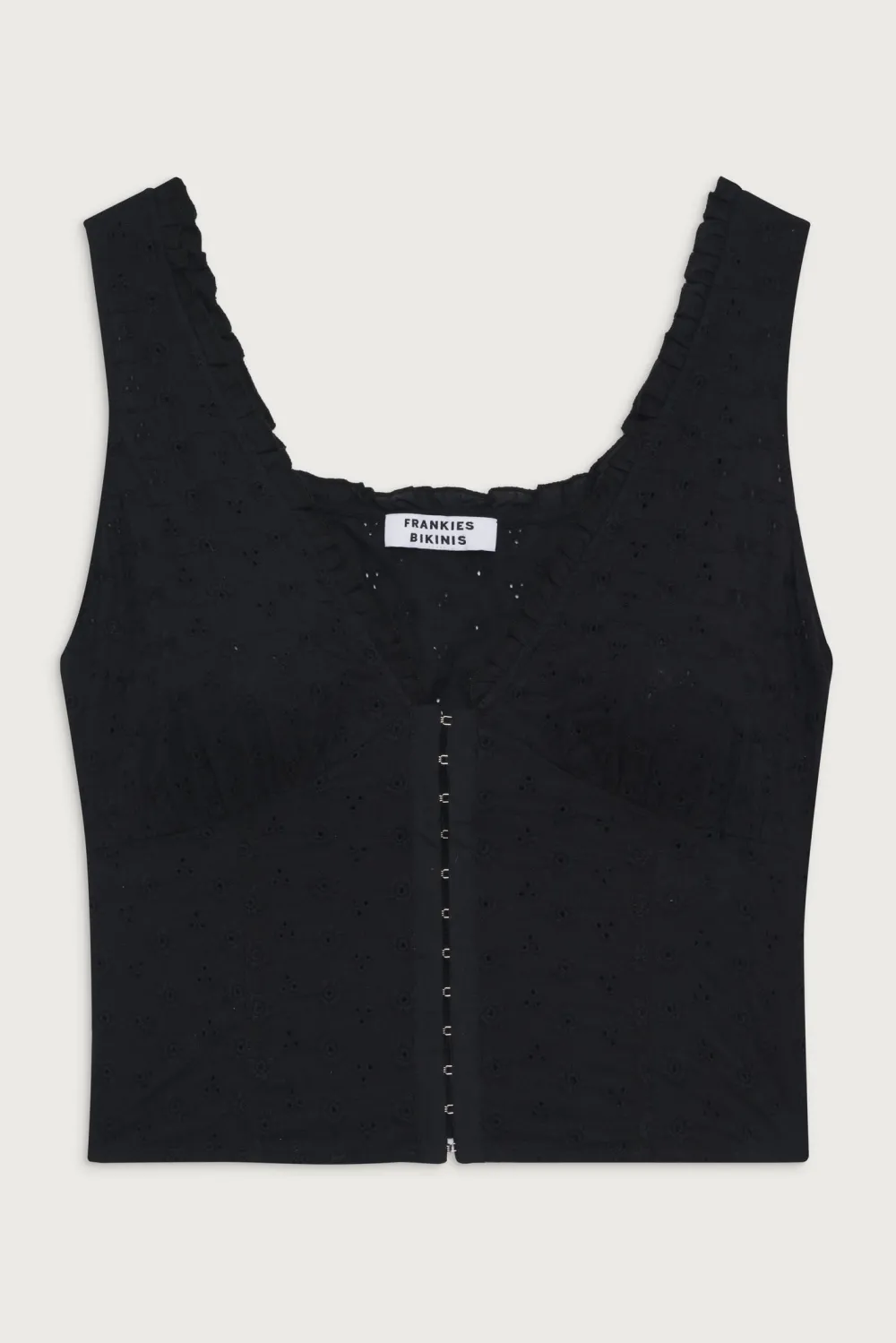 Tops^Frankies Bikinis Tea Eyelet Ruffle Tank Black
