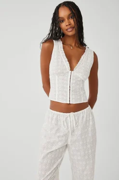 Tops^Frankies Bikinis Tea Eyelet Ruffle Tank White