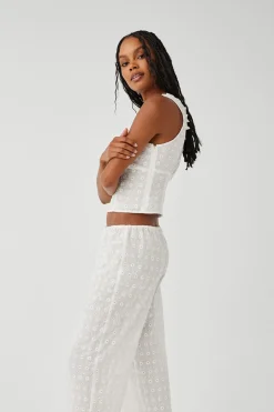 Tops^Frankies Bikinis Tea Eyelet Ruffle Tank White