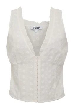 Tops^Frankies Bikinis Tea Eyelet Ruffle Tank White