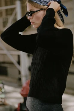Tops|Cloud Knits^Frankies Bikinis Varsity Cable Knit Sweater Black