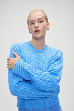 Tops|Cloud Knits^Frankies Bikinis Varsity Cable Knit Sweater Blue Moon
