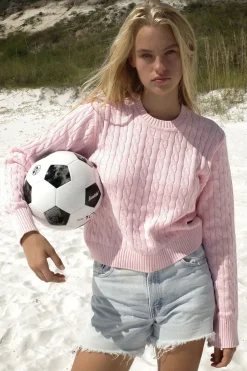 Tops|Cloud Knits^Frankies Bikinis Varsity Cable Knit Sweater Cozy Pink