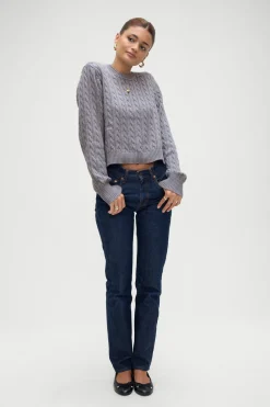 Tops|Cloud Knits^Frankies Bikinis Varsity Cable Knit Sweater Rain Cloud