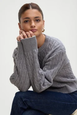 Tops|Cloud Knits^Frankies Bikinis Varsity Cable Knit Sweater Rain Cloud